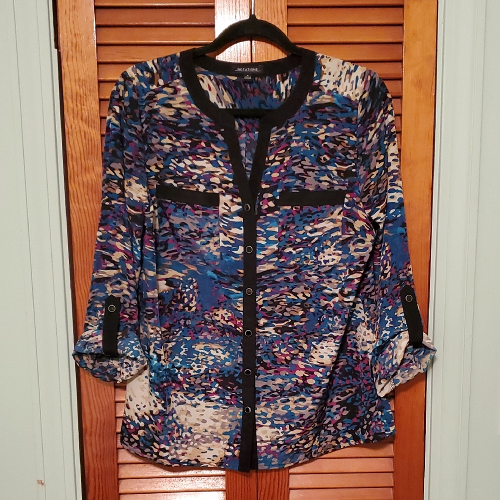 Notations Blue and Black Abstract Blouse